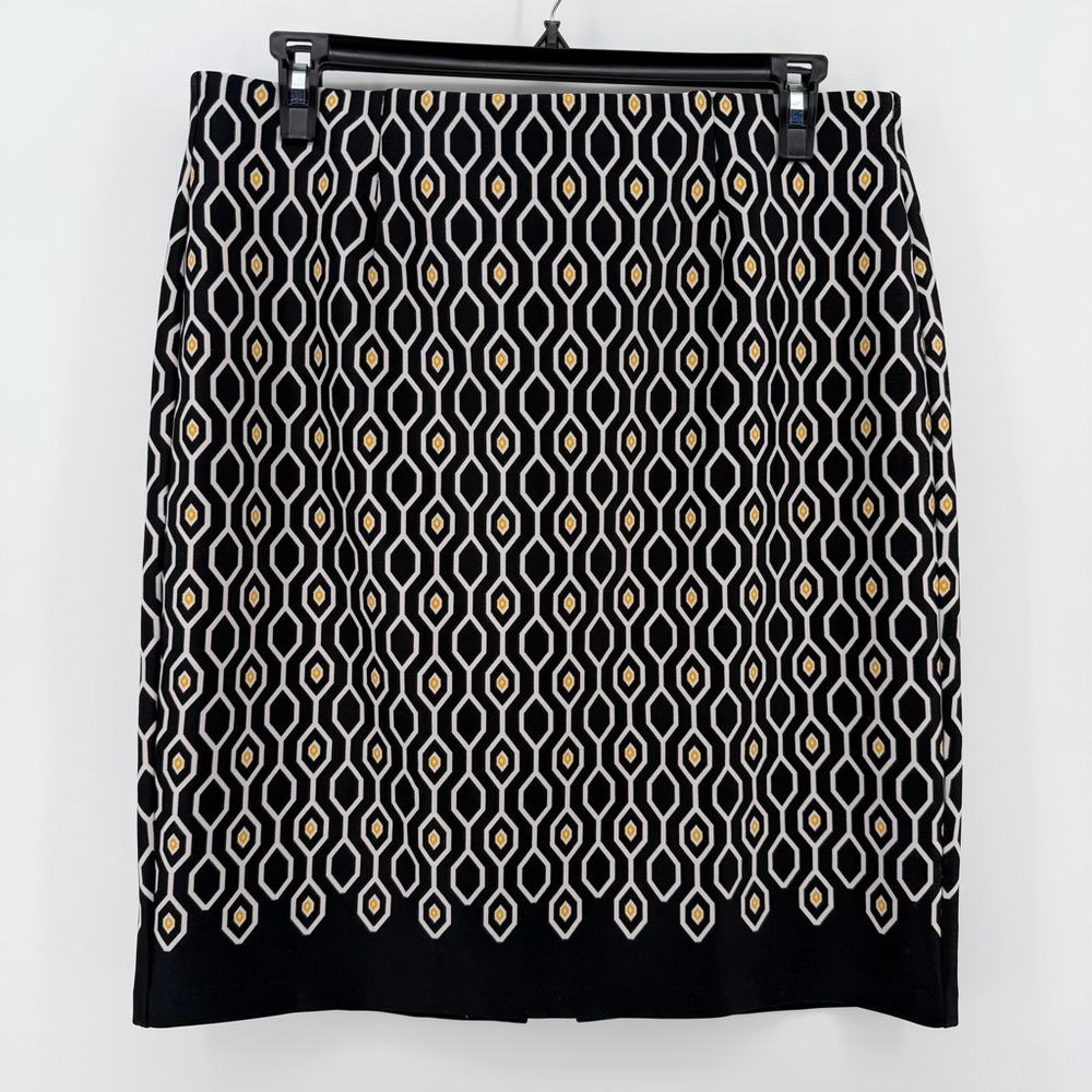 Roz & Ali Black Geometric Pencil Skirt with White and Gold Pattern